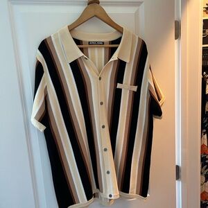 PaulJones Men's Casual Striped Button-Down Shirt - Black, Brown, Cream